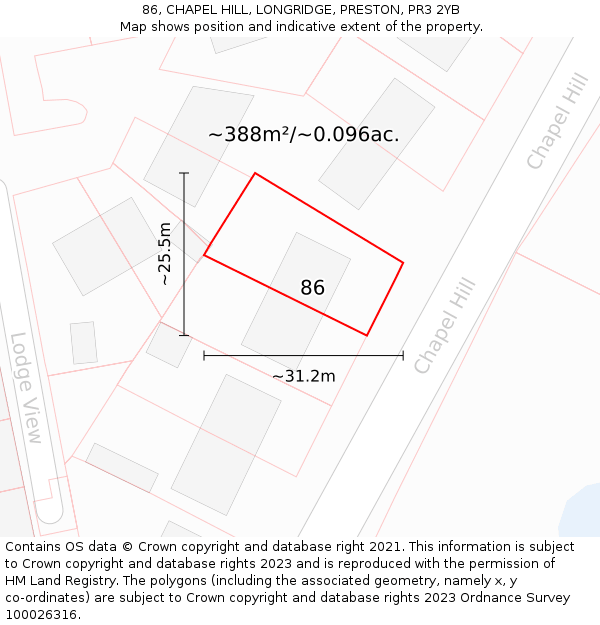 86, CHAPEL HILL, LONGRIDGE, PRESTON, PR3 2YB: Plot and title map