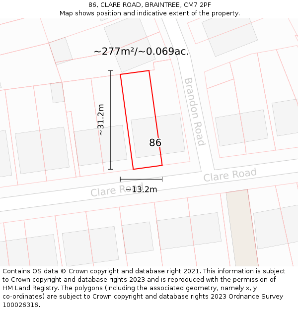 86, CLARE ROAD, BRAINTREE, CM7 2PF: Plot and title map