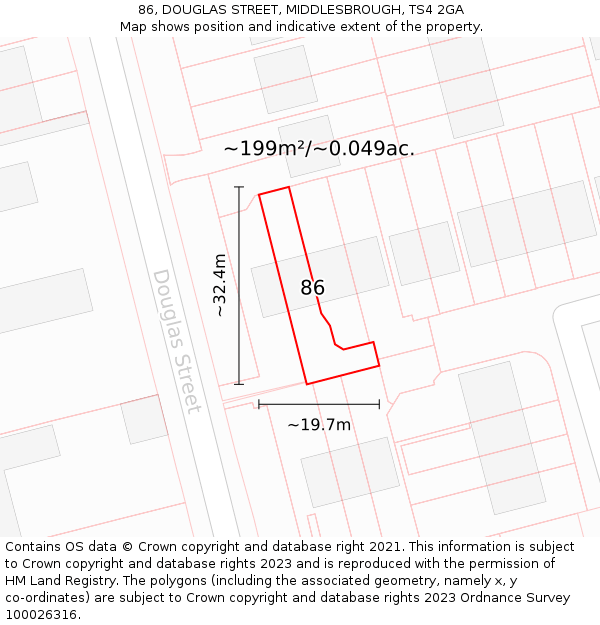 86, DOUGLAS STREET, MIDDLESBROUGH, TS4 2GA: Plot and title map
