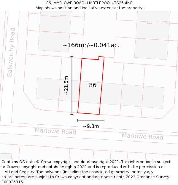 86, MARLOWE ROAD, HARTLEPOOL, TS25 4NP: Plot and title map