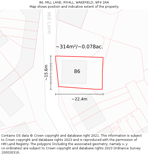 86, MILL LANE, RYHILL, WAKEFIELD, WF4 2AA: Plot and title map