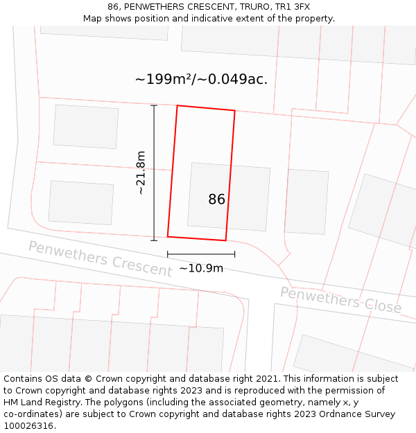 86, PENWETHERS CRESCENT, TRURO, TR1 3FX: Plot and title map