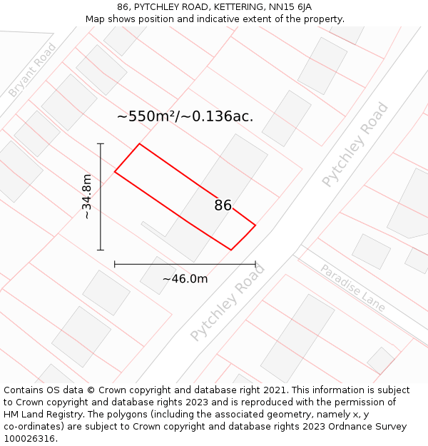 86, PYTCHLEY ROAD, KETTERING, NN15 6JA: Plot and title map