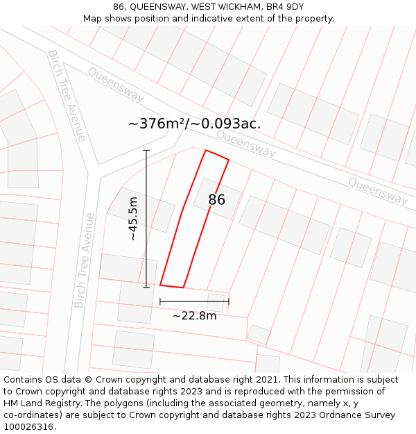 86, QUEENSWAY, WEST WICKHAM, BR4 9DY: Plot and title map