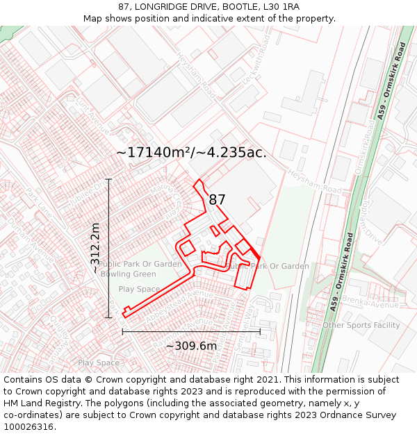 87, LONGRIDGE DRIVE, BOOTLE, L30 1RA: Plot and title map