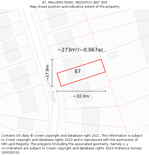 87, MALVERN ROAD, REDDITCH, B97 5DP: Plot and title map