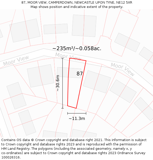 87, MOOR VIEW, CAMPERDOWN, NEWCASTLE UPON TYNE, NE12 5XR: Plot and title map