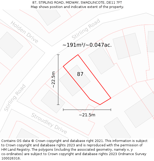 87, STIRLING ROAD, MIDWAY, SWADLINCOTE, DE11 7FT: Plot and title map