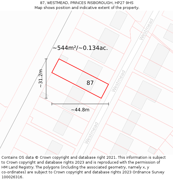 87, WESTMEAD, PRINCES RISBOROUGH, HP27 9HS: Plot and title map