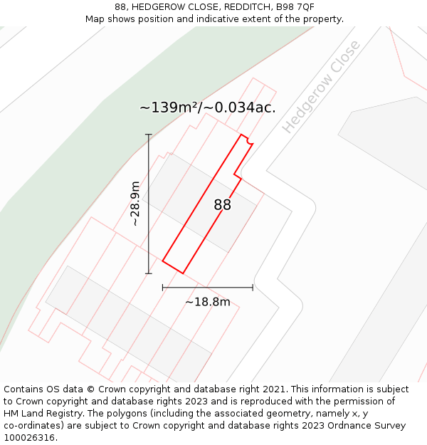 88, HEDGEROW CLOSE, REDDITCH, B98 7QF: Plot and title map