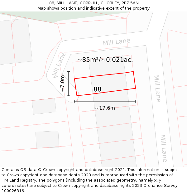 88, MILL LANE, COPPULL, CHORLEY, PR7 5AN: Plot and title map