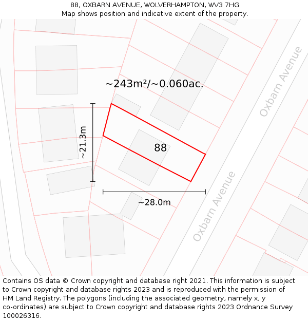 88, OXBARN AVENUE, WOLVERHAMPTON, WV3 7HG: Plot and title map