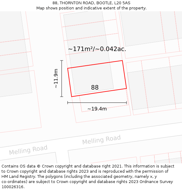 88, THORNTON ROAD, BOOTLE, L20 5AS: Plot and title map