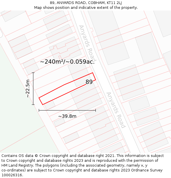89, ANYARDS ROAD, COBHAM, KT11 2LJ: Plot and title map