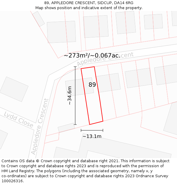 89, APPLEDORE CRESCENT, SIDCUP, DA14 6RG: Plot and title map