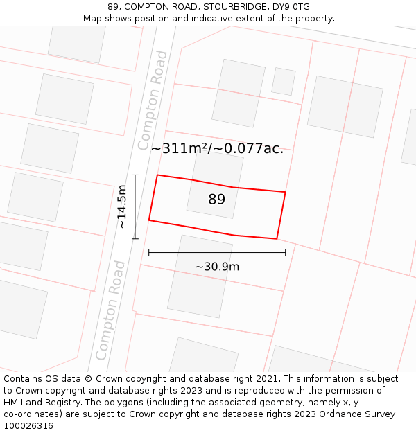 89, COMPTON ROAD, STOURBRIDGE, DY9 0TG: Plot and title map