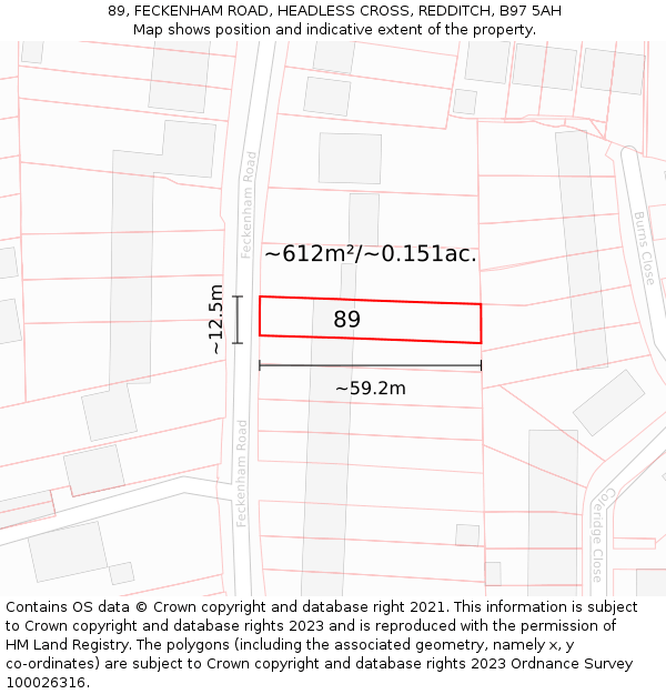 89, FECKENHAM ROAD, HEADLESS CROSS, REDDITCH, B97 5AH: Plot and title map