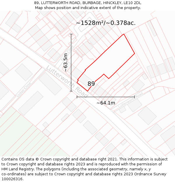 89, LUTTERWORTH ROAD, BURBAGE, HINCKLEY, LE10 2DL: Plot and title map