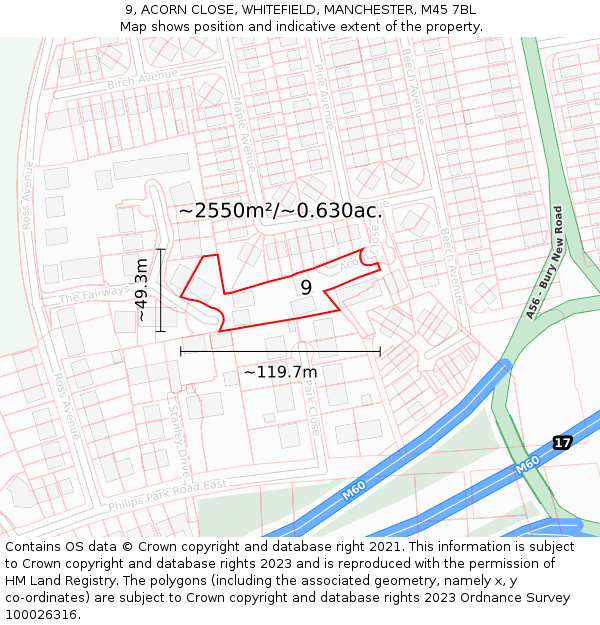 9, ACORN CLOSE, WHITEFIELD, MANCHESTER, M45 7BL: Plot and title map
