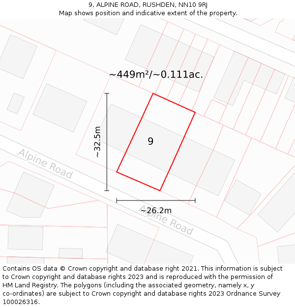9, ALPINE ROAD, RUSHDEN, NN10 9RJ: Plot and title map