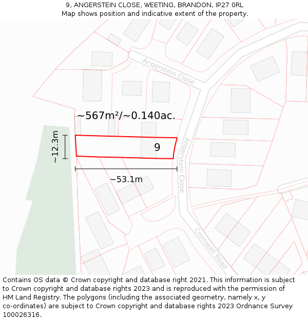 9, ANGERSTEIN CLOSE, WEETING, BRANDON, IP27 0RL: Plot and title map