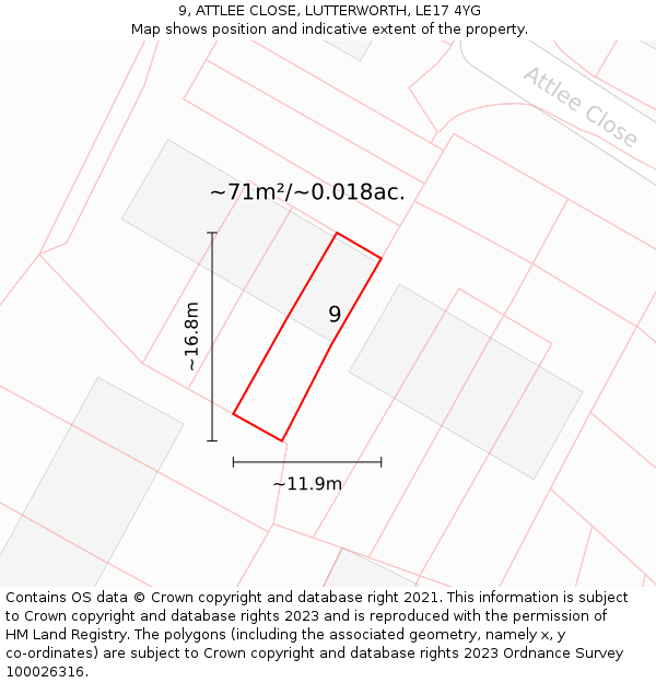 9, ATTLEE CLOSE, LUTTERWORTH, LE17 4YG: Plot and title map