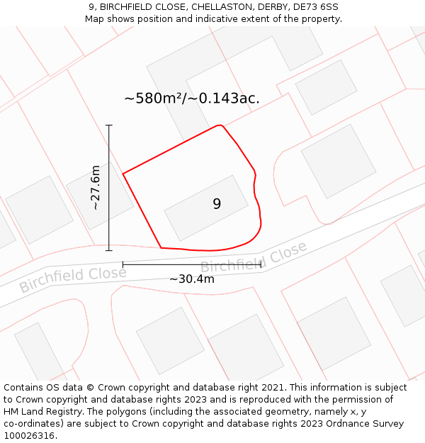 9, BIRCHFIELD CLOSE, CHELLASTON, DERBY, DE73 6SS: Plot and title map