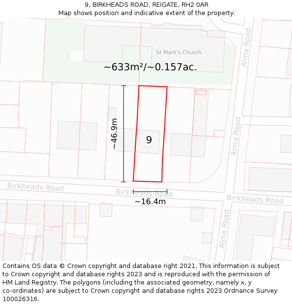 9, BIRKHEADS ROAD, REIGATE, RH2 0AR: Plot and title map