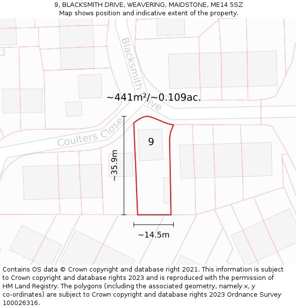 9, BLACKSMITH DRIVE, WEAVERING, MAIDSTONE, ME14 5SZ: Plot and title map