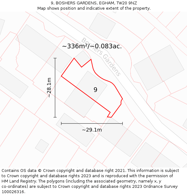 9, BOSHERS GARDENS, EGHAM, TW20 9NZ: Plot and title map