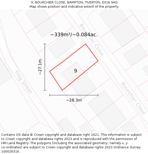 9, BOURCHIER CLOSE, BAMPTON, TIVERTON, EX16 9AG: Plot and title map