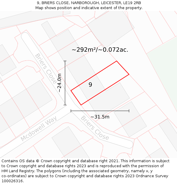 9, BRIERS CLOSE, NARBOROUGH, LEICESTER, LE19 2RB: Plot and title map