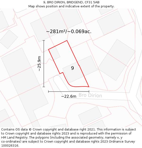 9, BRO DIRION, BRIDGEND, CF31 5AB: Plot and title map