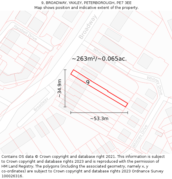 9, BROADWAY, YAXLEY, PETERBOROUGH, PE7 3EE: Plot and title map