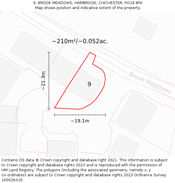 9, BROOK MEADOWS, HAMBROOK, CHICHESTER, PO18 8FA: Plot and title map