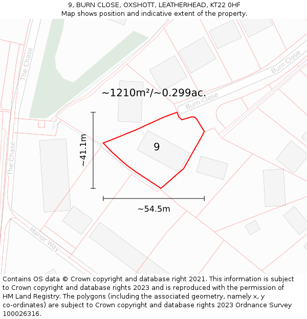9, BURN CLOSE, OXSHOTT, LEATHERHEAD, KT22 0HF: Plot and title map