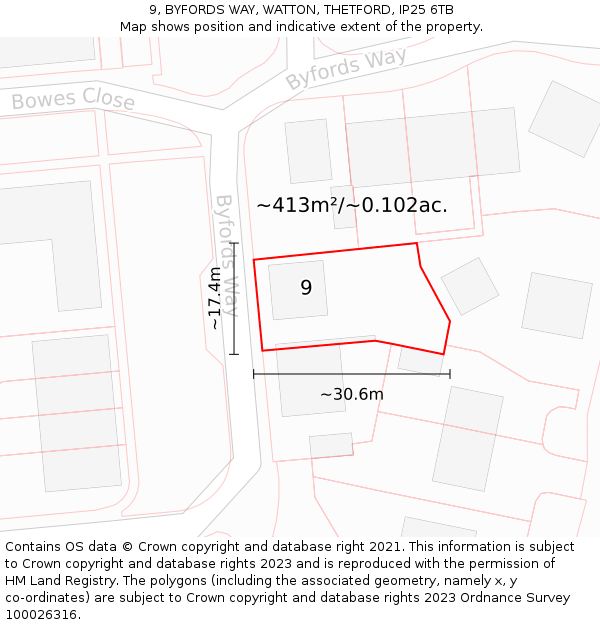 9, BYFORDS WAY, WATTON, THETFORD, IP25 6TB: Plot and title map