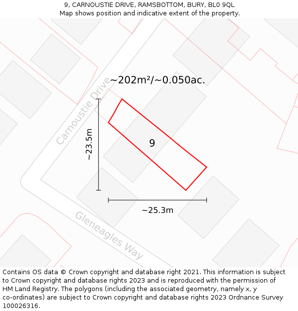 9, CARNOUSTIE DRIVE, RAMSBOTTOM, BURY, BL0 9QL: Plot and title map