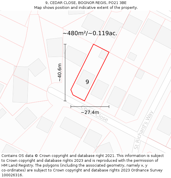 9, CEDAR CLOSE, BOGNOR REGIS, PO21 3BE: Plot and title map