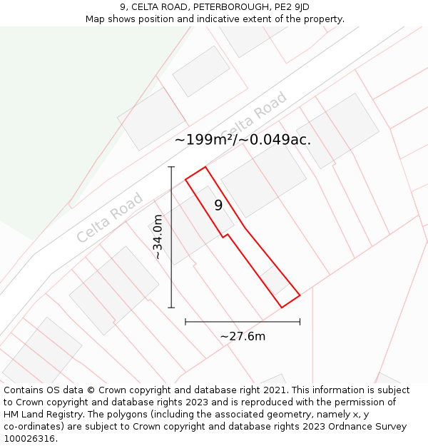 9, CELTA ROAD, PETERBOROUGH, PE2 9JD: Plot and title map