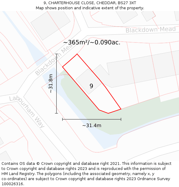 9, CHARTERHOUSE CLOSE, CHEDDAR, BS27 3XT: Plot and title map