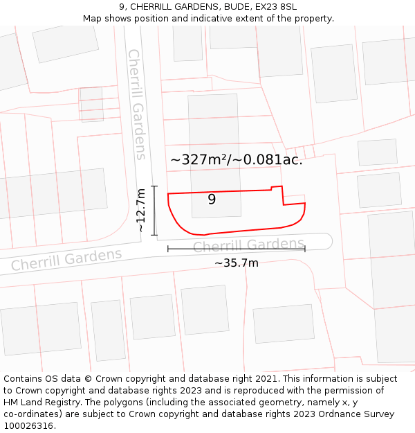 9, CHERRILL GARDENS, BUDE, EX23 8SL: Plot and title map