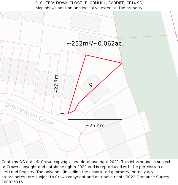 9, CHERRY DOWN CLOSE, THORNHILL, CARDIFF, CF14 9DJ: Plot and title map