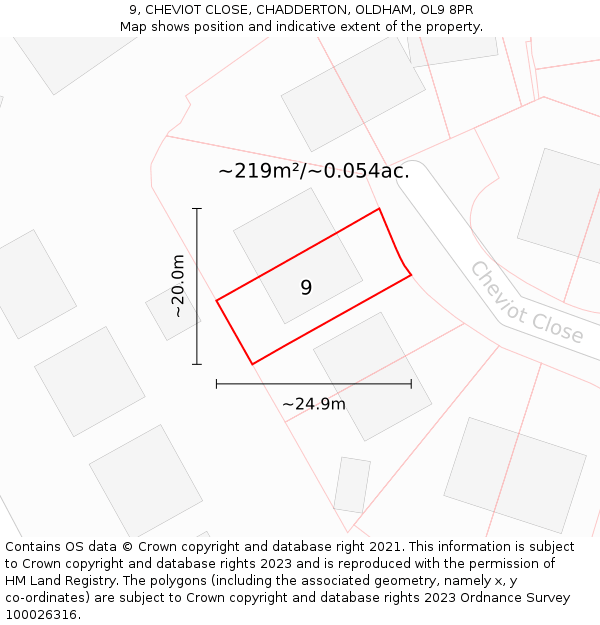 9, CHEVIOT CLOSE, CHADDERTON, OLDHAM, OL9 8PR: Plot and title map