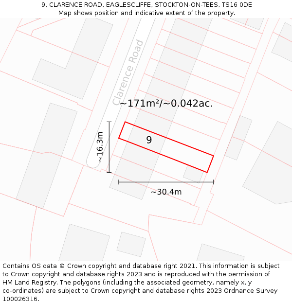 9, CLARENCE ROAD, EAGLESCLIFFE, STOCKTON-ON-TEES, TS16 0DE: Plot and title map