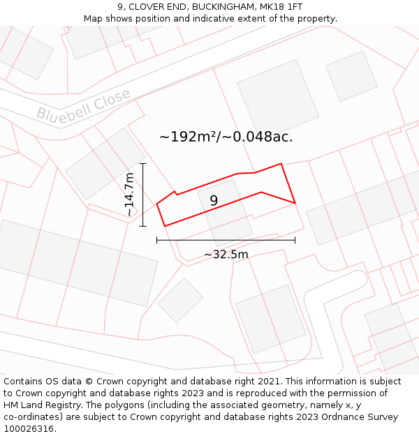 9, CLOVER END, BUCKINGHAM, MK18 1FT: Plot and title map