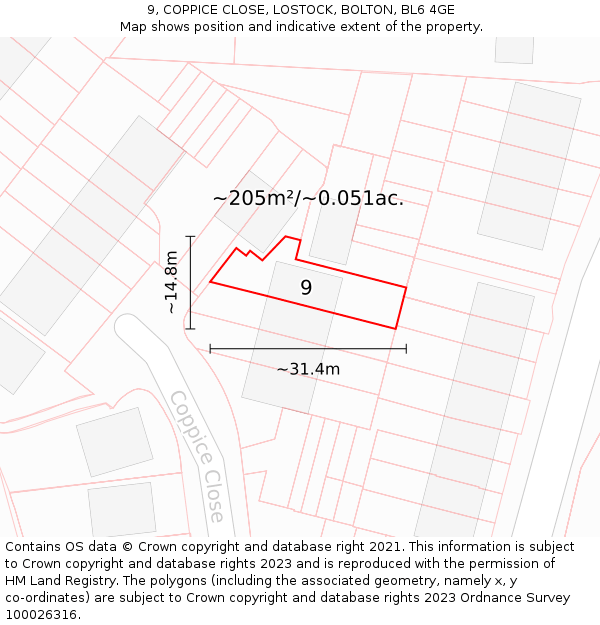 9, COPPICE CLOSE, LOSTOCK, BOLTON, BL6 4GE: Plot and title map