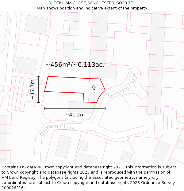 9, DENHAM CLOSE, WINCHESTER, SO23 7BL: Plot and title map