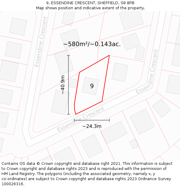 9, ESSENDINE CRESCENT, SHEFFIELD, S8 8PB: Plot and title map