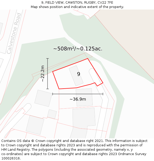 9, FIELD VIEW, CAWSTON, RUGBY, CV22 7FE: Plot and title map